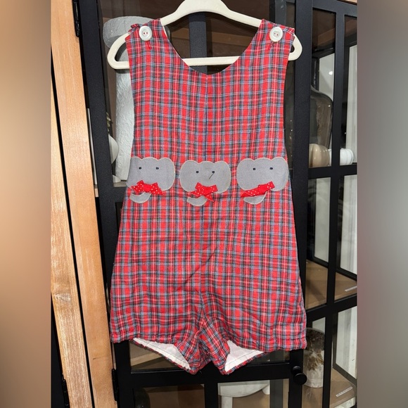Vintage 80s Plaid embroidered appliqué Elephants bows Romper toddler jon jon - Picture 1 of 6